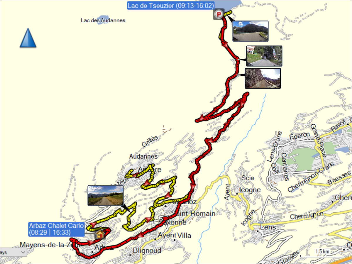 wegstrecke der fahrt vom chalet carlo in arbaz zum lac de tseuzier und zurueck