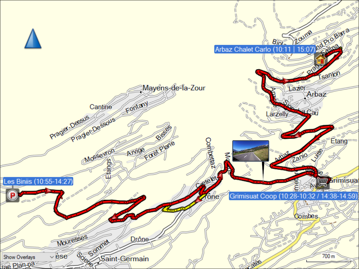 wegstrecke der fahrt von arbaz nach les biniis und zurueck