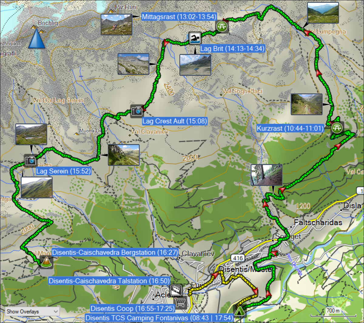 wegstrecke der wanderung vom TCS camping fontanivas bei disentis via lag brit, lag crest ault und lag serein zur bergstation caischavedra sowie des fussmarsches in distentis zurueck zum campingplatz
