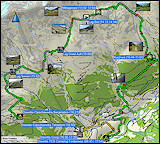 karte und hoehenprofil der wanderung vom TCS camping fontanivas bei disentis via lag brit, lag crest ault und lag serein zur bergstation caischavedra sowie des fussmarsches in distentis zurueck zum campingplatz