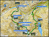 karte der fussmaersche in disentis sowie karte und hoehenprofil der wanderung vom oberalppass via pazolastock, badushuette, rheinquelle, maighelshuette nach tschamut selva