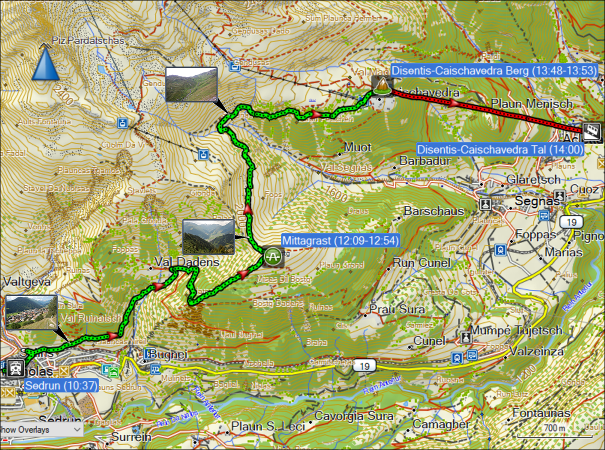 wegstrecke der wanderung vom bahnhof sedrun via bostg zur bergstation der luftseilbahn caischavedra-disentis