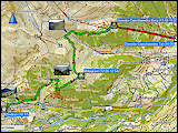 karte der fussmaersche in disentis sowie karte und hoehenprofil der wanderung vom bahnhof sedrun via bostg zur bergstation der luftseilbahn caischavedra-disentis