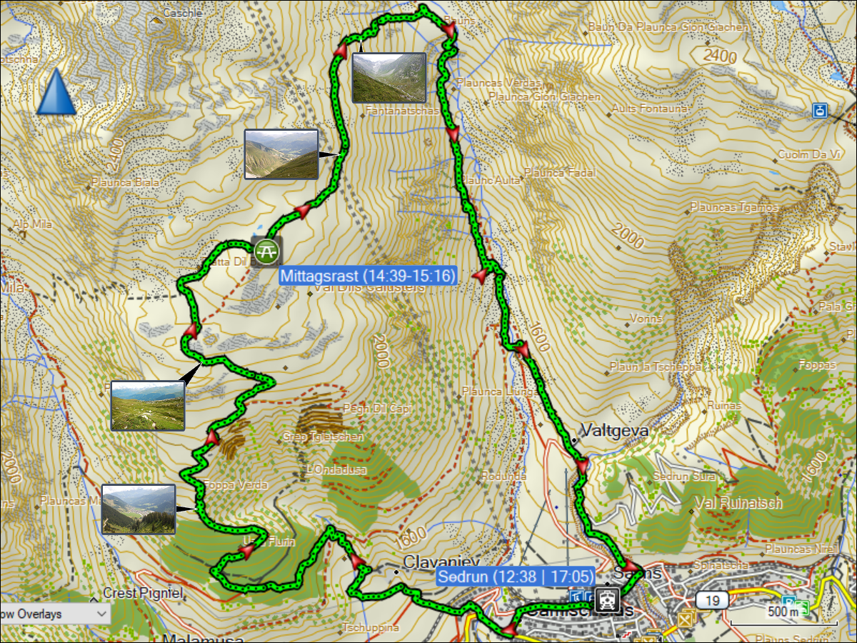 wegstrecke der rundwanderung von sedrun via platta dil barlot (hexenplatte), plauncas verdas und plaunc'aulta zurueck nach sedrun