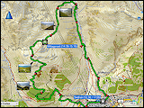 karte der fussmaersche in disentis sowie karte und hoehenprofil der rundwanderung von sedrun via platta dil barlot (hexenplatte), plauncas verdas und plaunc'aulta zurueck nach sedrun