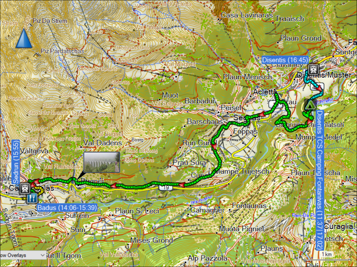 wegstrecke der wanderung vom TCS camping fontanivas bei disentis nach sedrun sowie des fussmarsches vom bahnhof disentis zurueck zum campingplatz