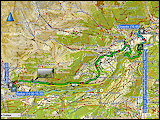 karte und hoehenprofil der wanderung vom TCS camping fontanivas bei disentis nach sedrun sowie des fussmarsches vom bahnhof disentis zurueck zum campingplatz