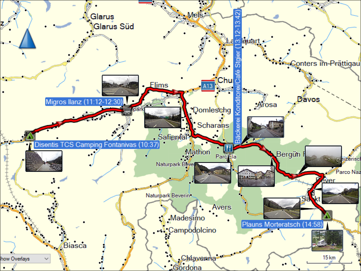 wegstrecke der fahrt vom TCS camping fontanivas bei disentis zum camping plauns morteratsch
