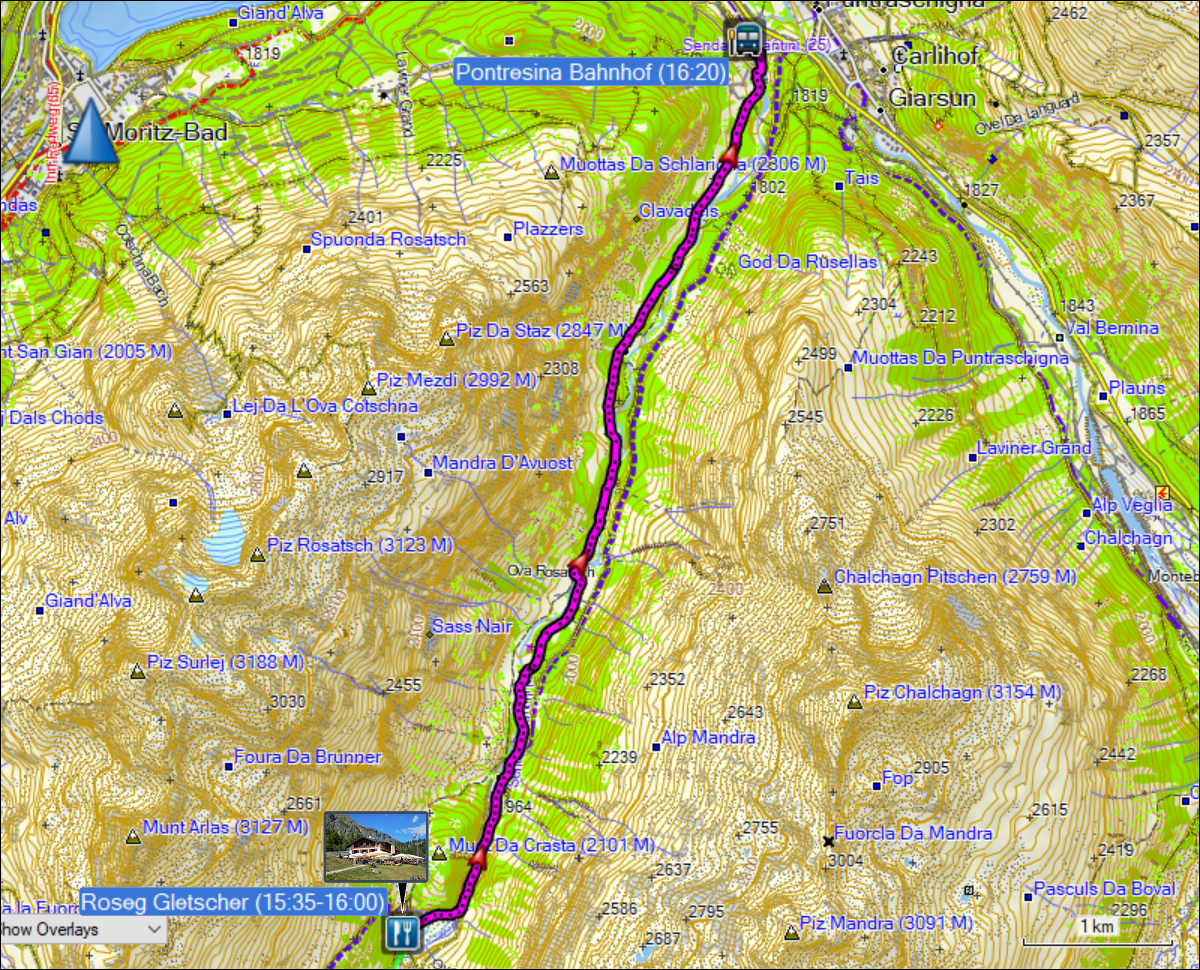 wegstrecke der fahrt mit dem bike vom restaurant roseg gletscher nach pontresina