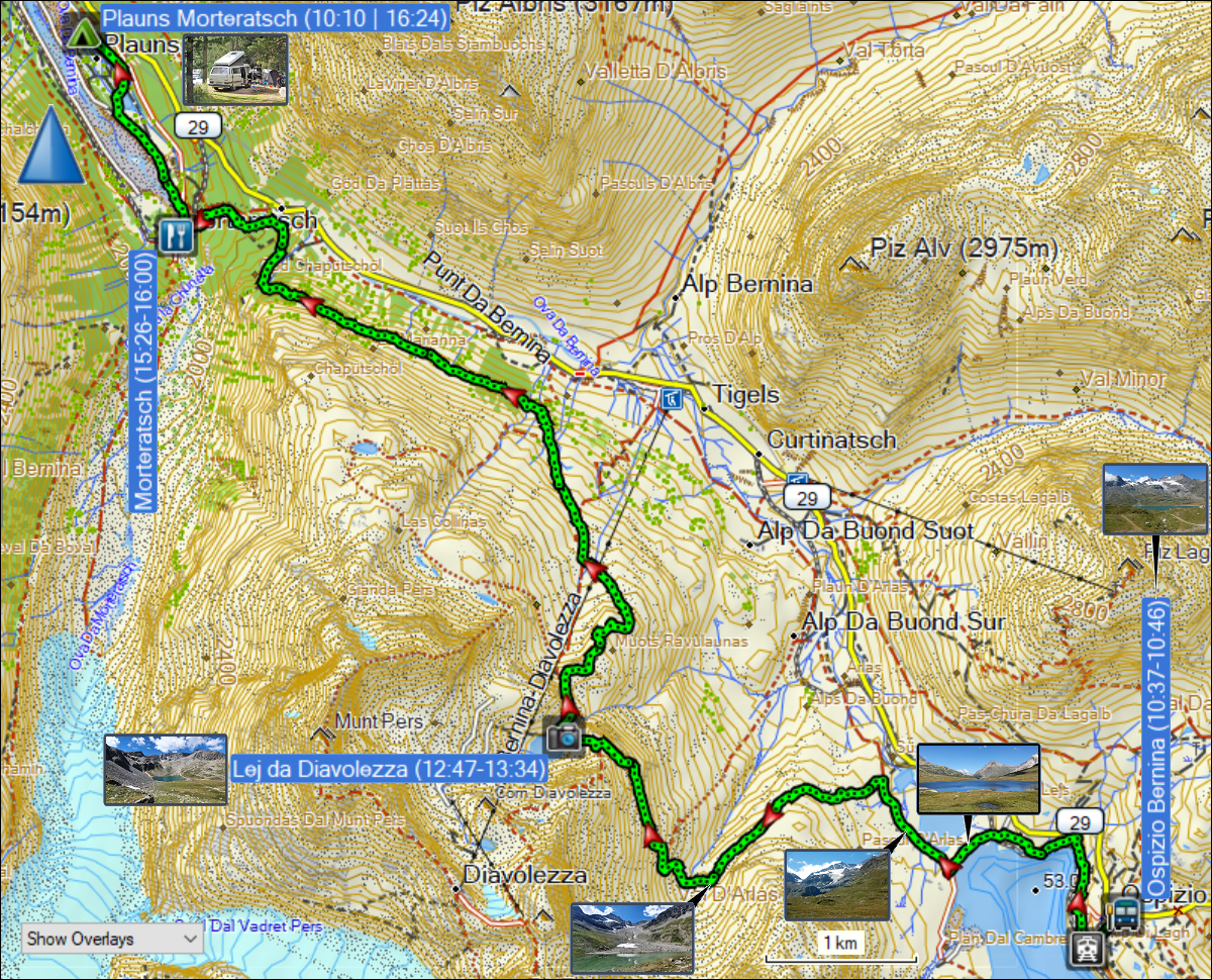 wegstrecke der wanderung vom ospizio bernina via lej da diavolezza zum campingplatz plauns morteratsch