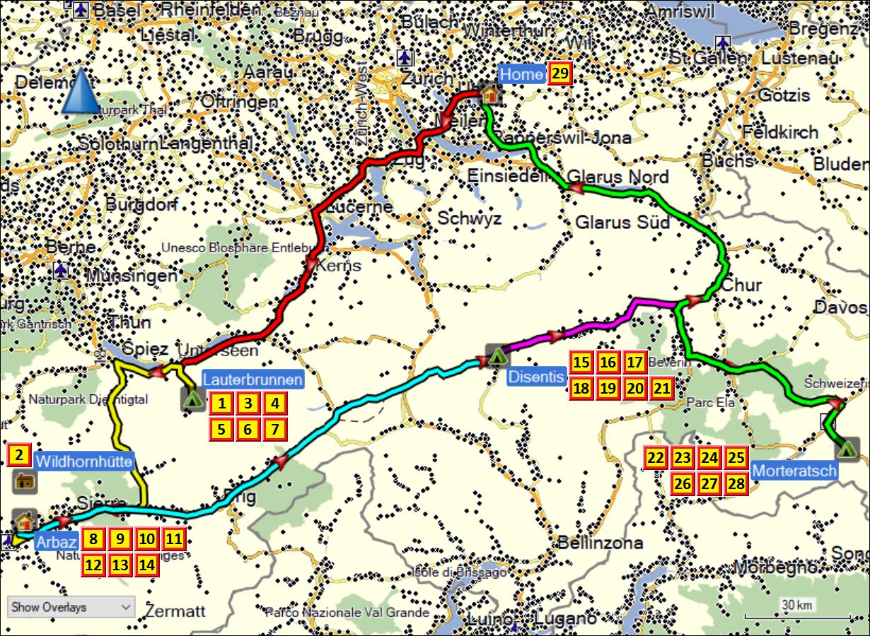 zurueckgelegte wegstrecke mit tageszielen