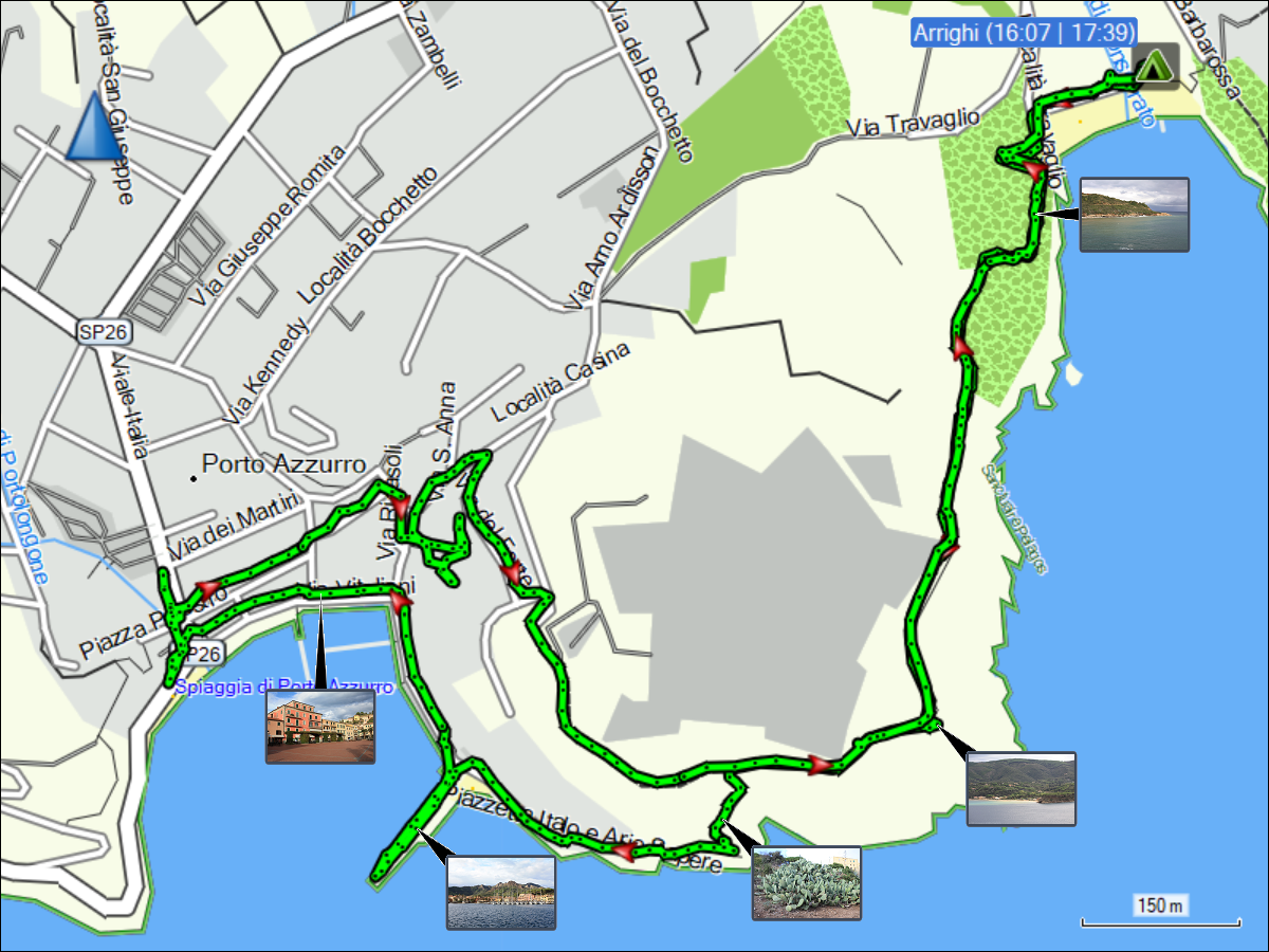 wegstrecke der kurzwanderung vom campingplatz arrighi ins zentrum von porto azzurro zurueck
