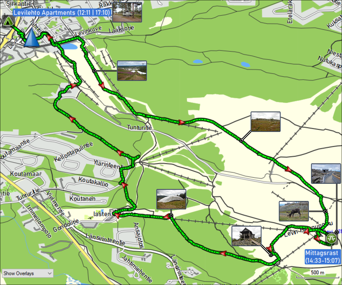 wegstrecke der wanderung von den levilehto apartments auf den levi und zurueck