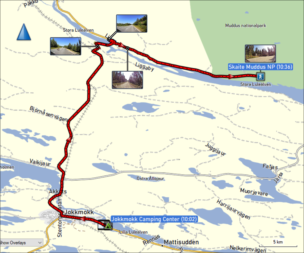 wegstrecke der fahrt vom jokkmokk camping center zum parkplatz skaite im muddus nationalpark