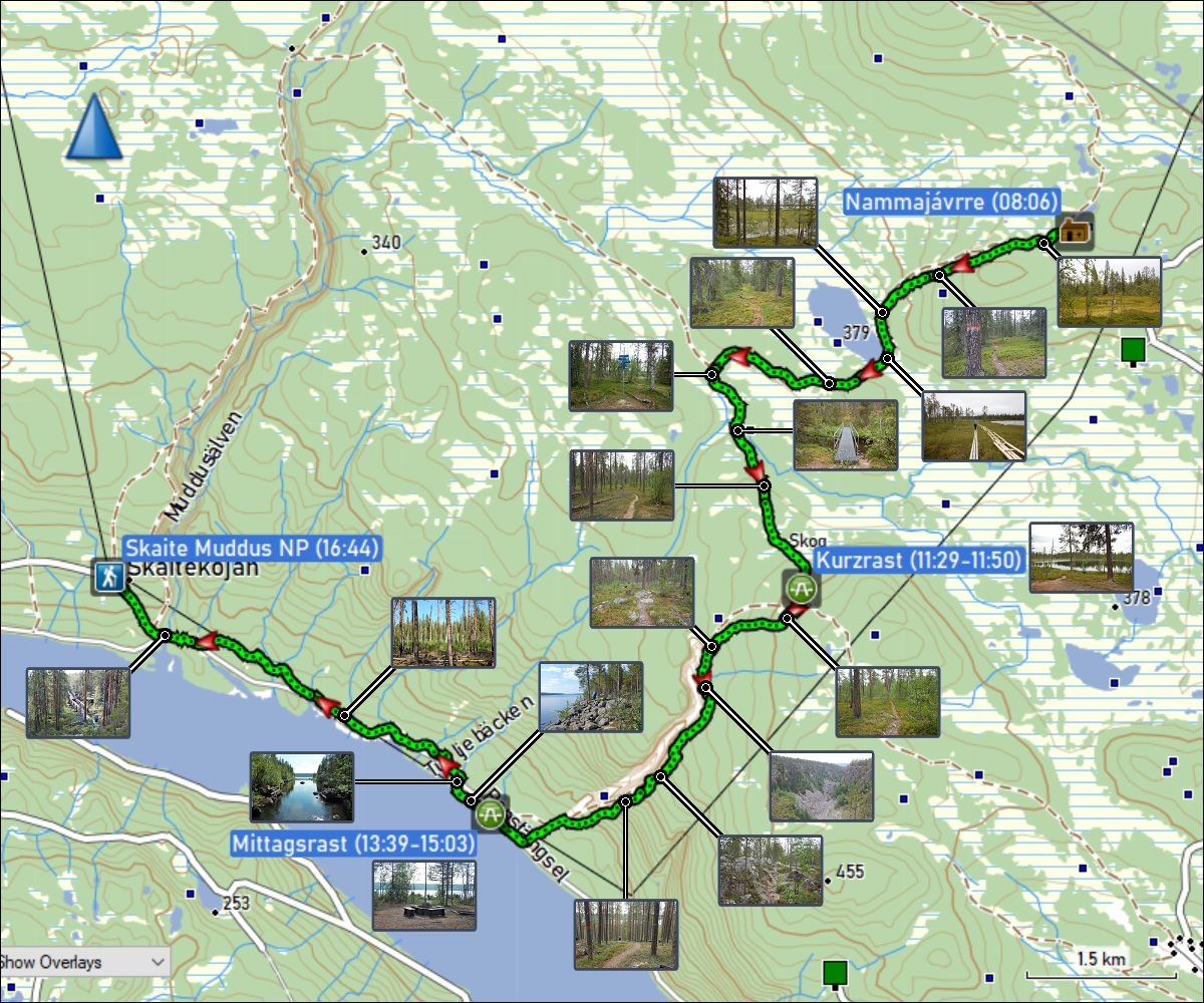 wegstrecke der wanderung von der nammajavrre-huette am ramsojavrre zum parkplatz skaite