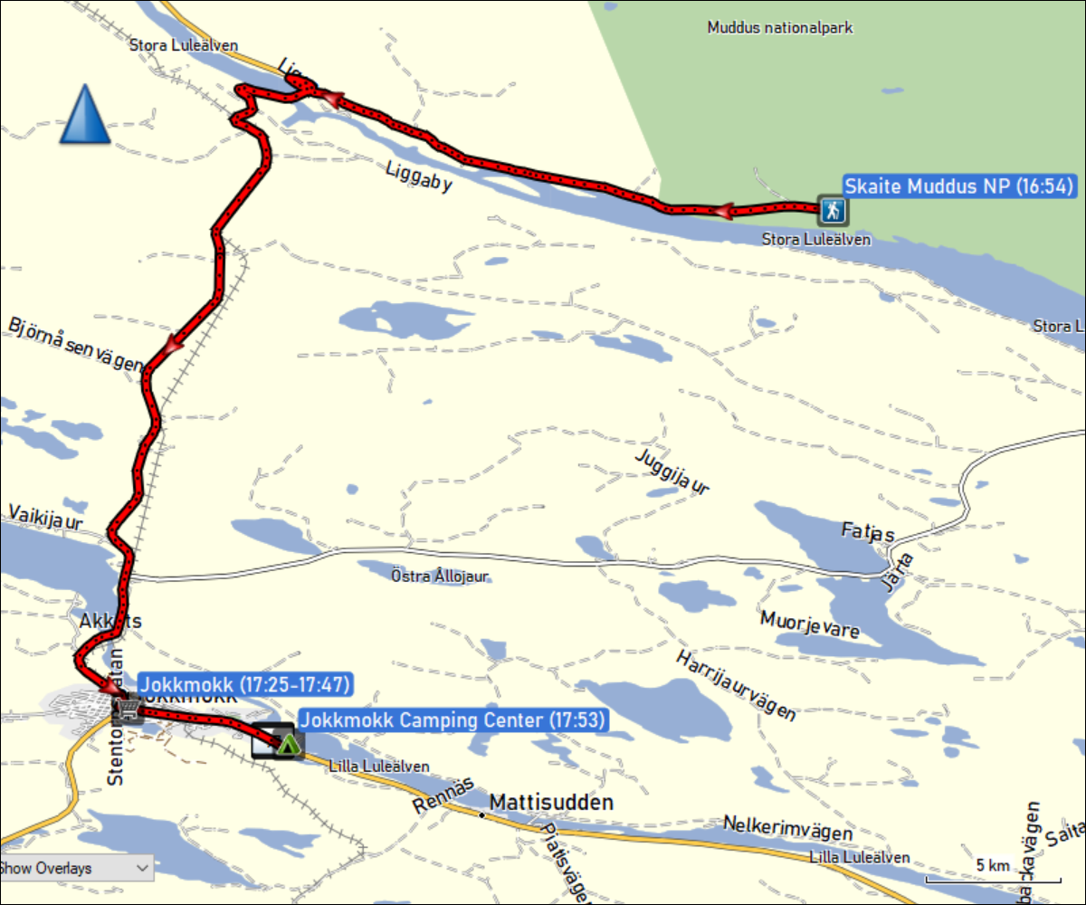 wegstrecke der fahrt vom parkplatz skaite im muddus nationalpark zum jokkmokk camping center