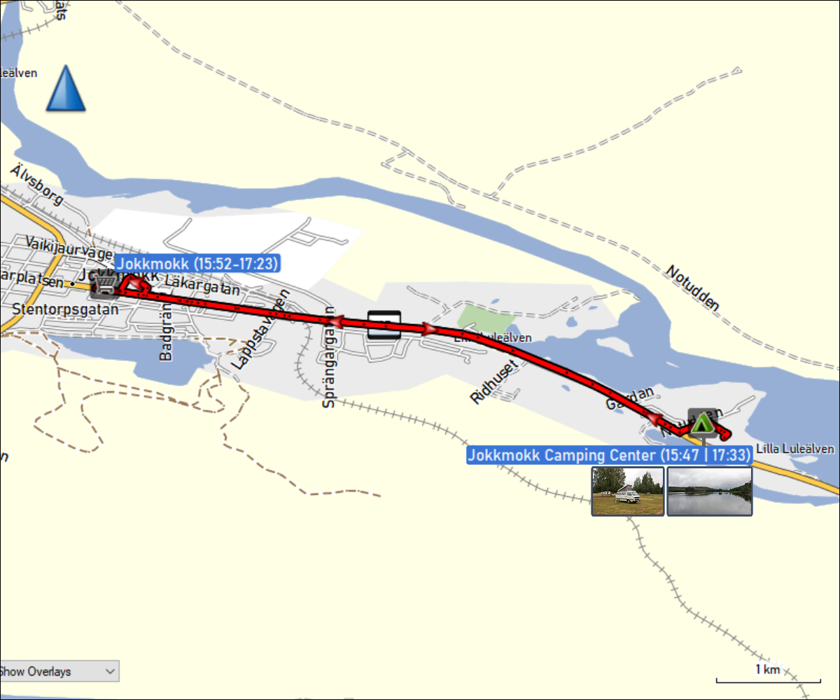 wegstrecke der fahrt vom jokkmokk camping center zum ICA und zurueck