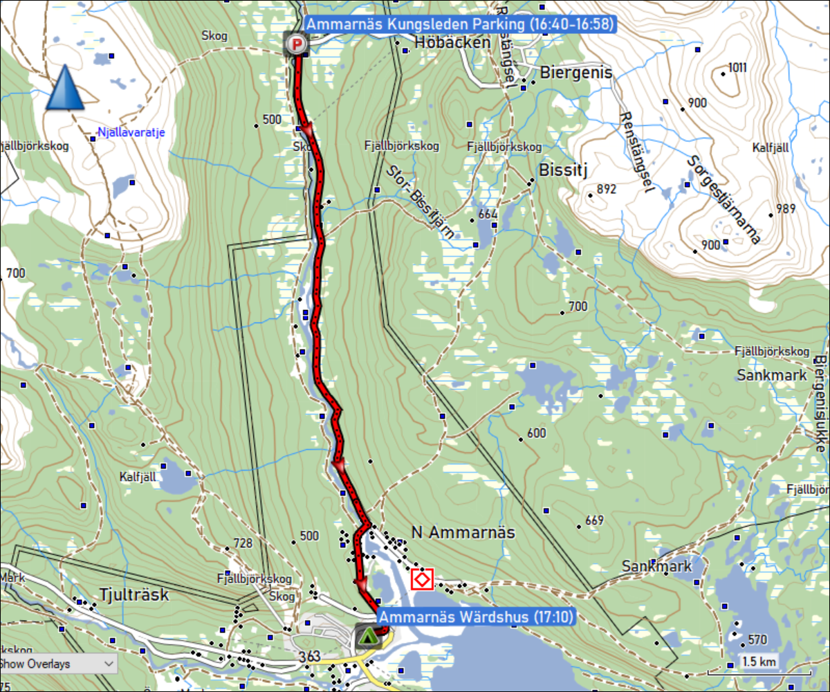 wegstrecke der fahrt vom kungsleden parking bei ammarnaes zum ammarnaes waerdhus