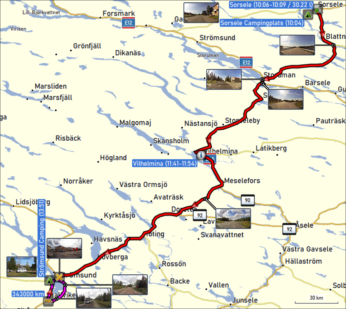 wegstrecke der fahrt vom sorsele campingplats zum stroemsund camping