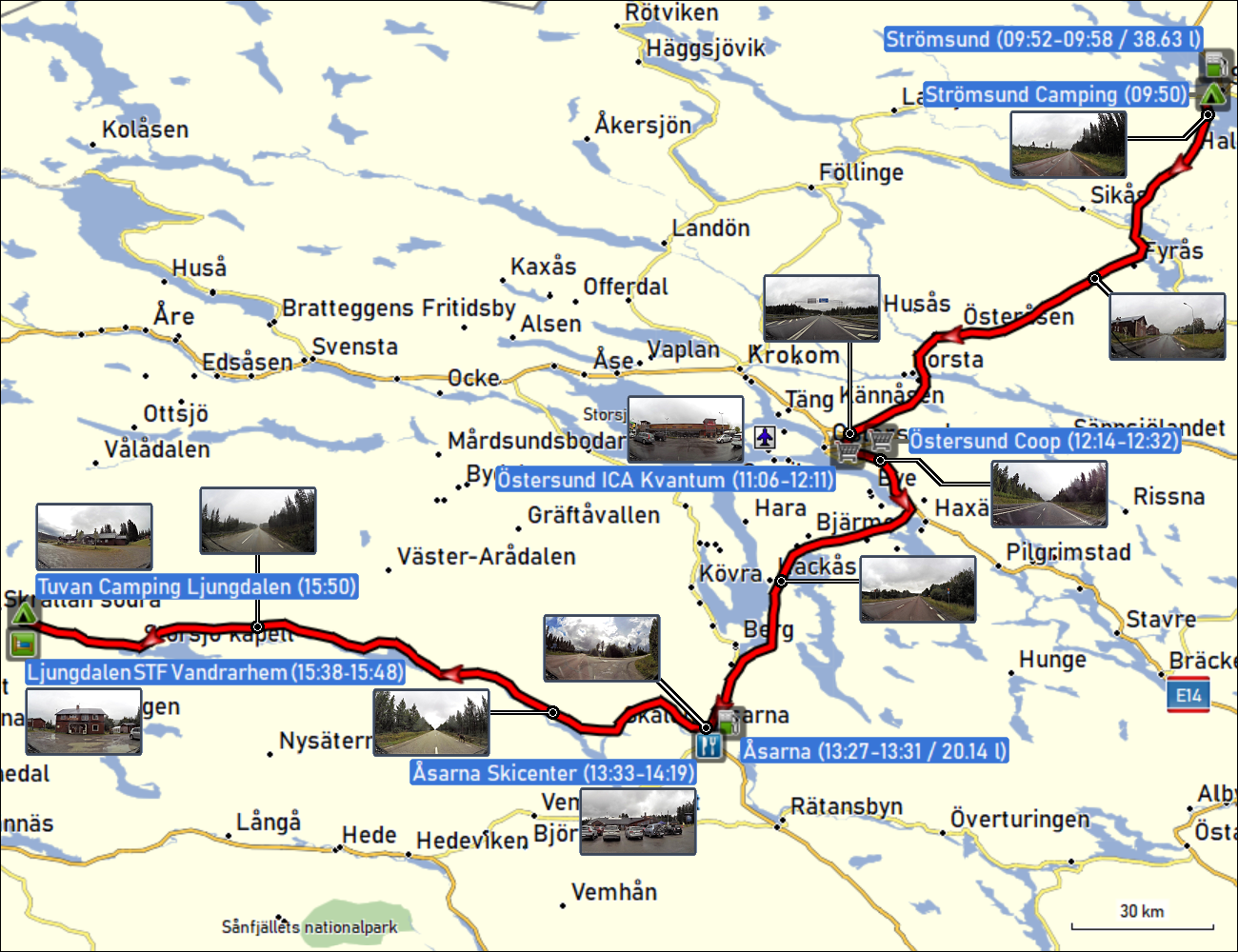 wegstrecke der fahrt vom stroemsund camping zum tuvan camping ljungdalen