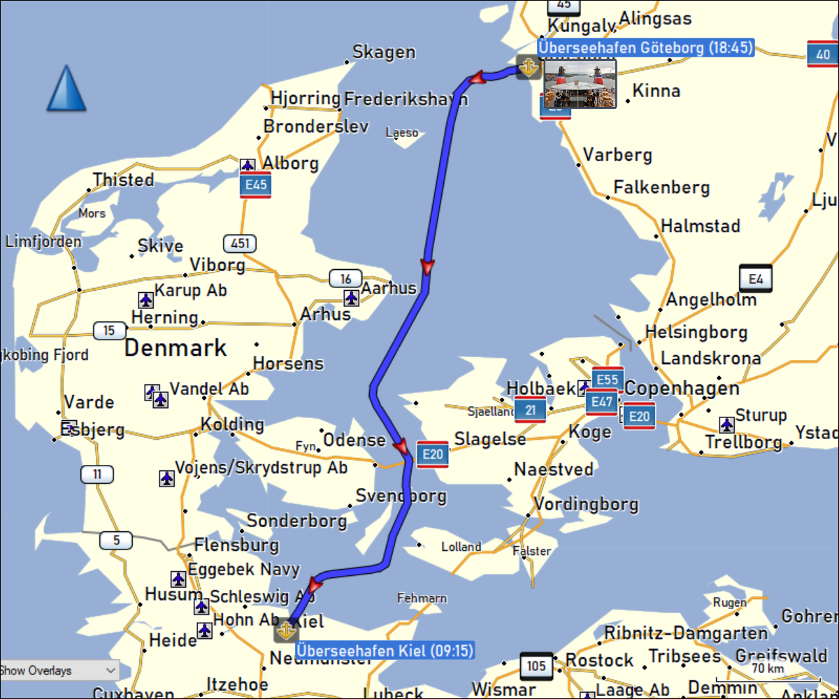 wegstrecke der ueberfahrt an bord der Stena Scandinavica vom ueberseehafen goeteborg zum ueberseehafen kiel
