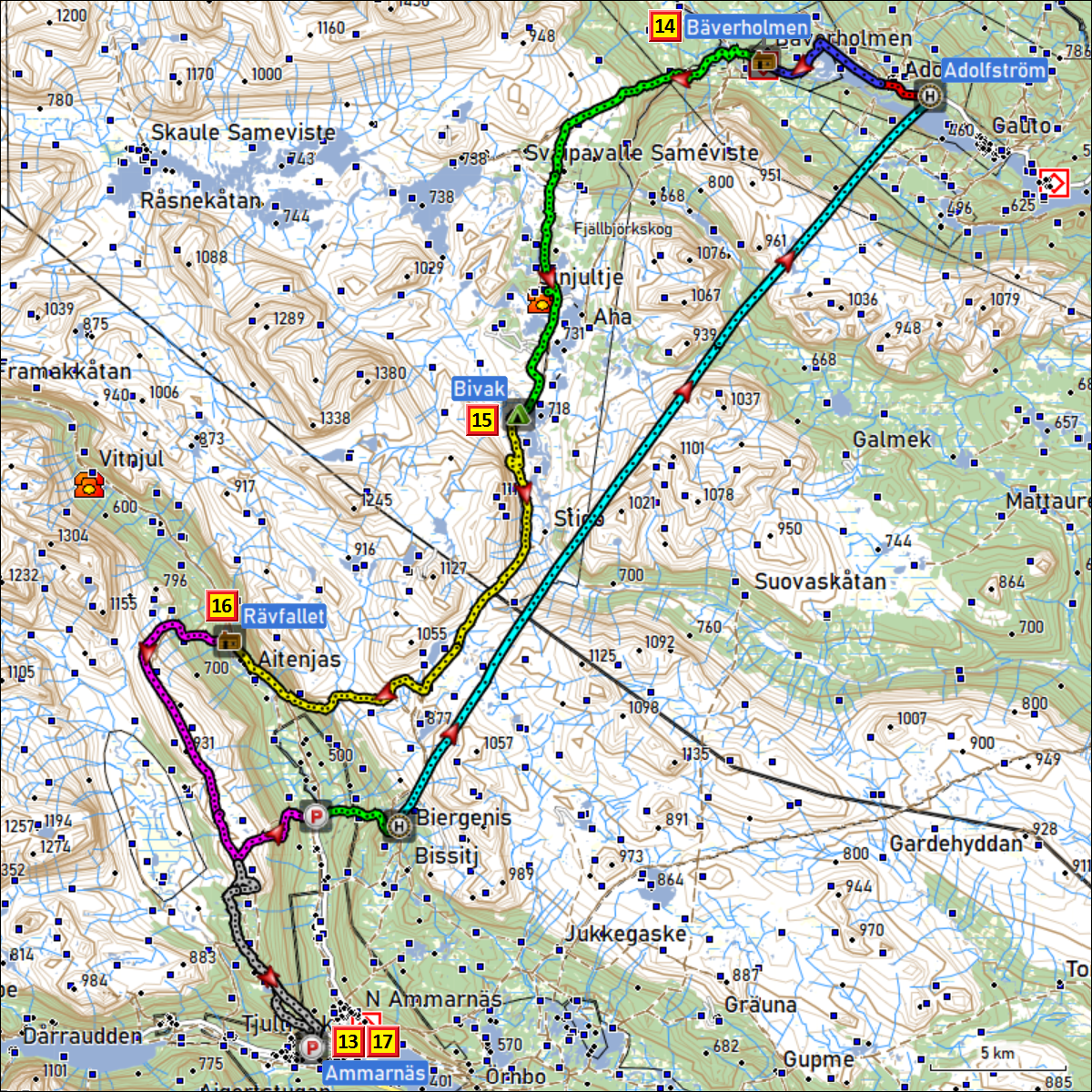zurueckgelegte wegstrecke auf dem kungsleden von baeverholmen nach ammarnaes mit tageszielen