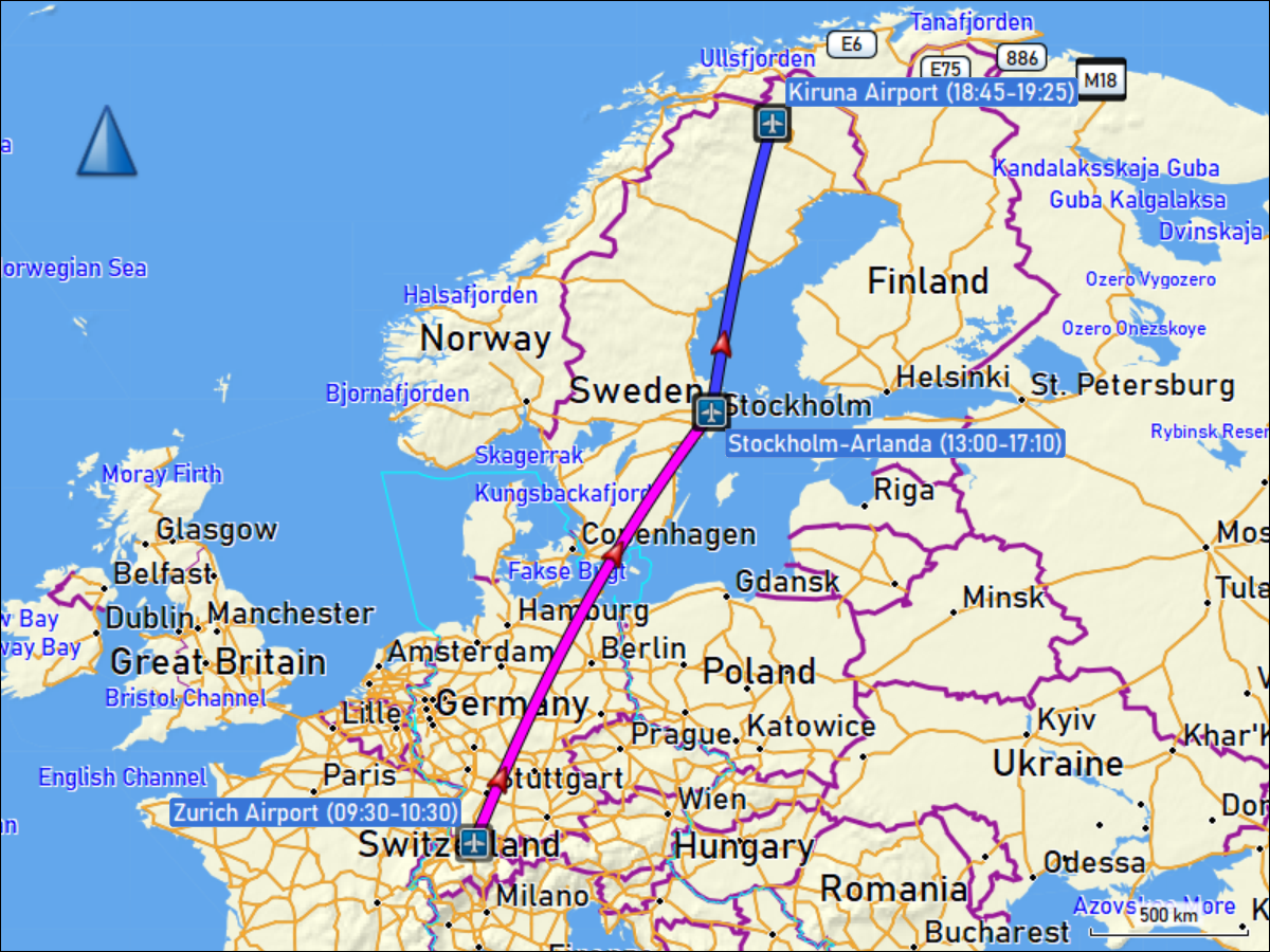 wegstrecken der fluege zuerich - stockholm und stockholm - kiruna