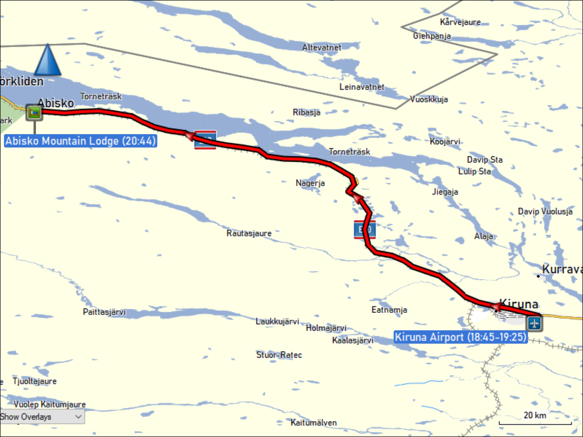wegstrecke der fahrt vom flughafen kiruna zur abisko mountain lodge