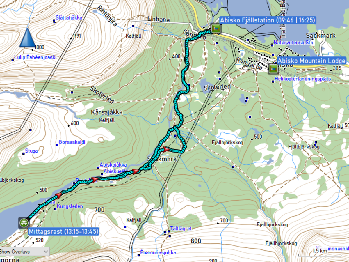 wegstrecke der skiwanderung von der abisko fjaellstation zum abiskojaure und zurueck