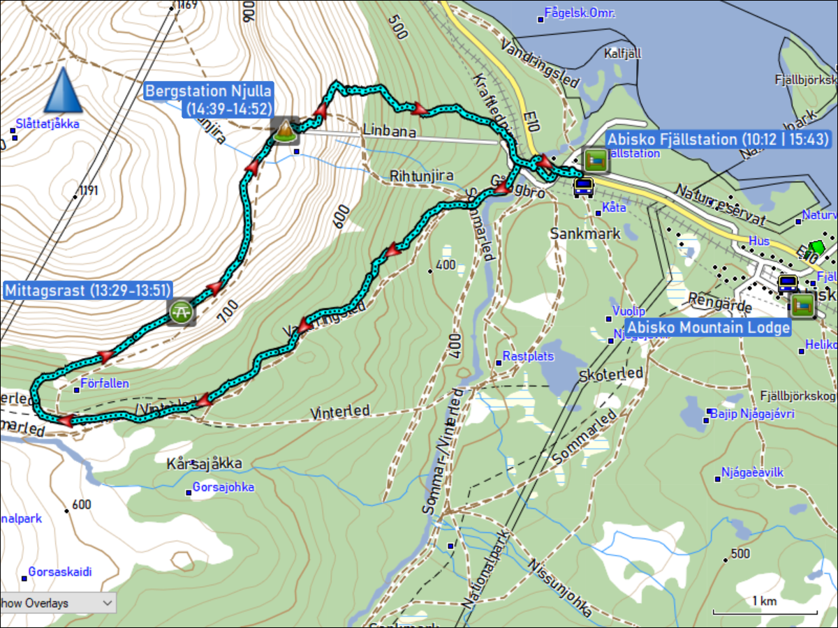 wegstrecke der skiwanderung von der abisko fjaellstation via foerfallen zur bergstation des njulla sesselliftes und wieder hinunter zur fjaellstation