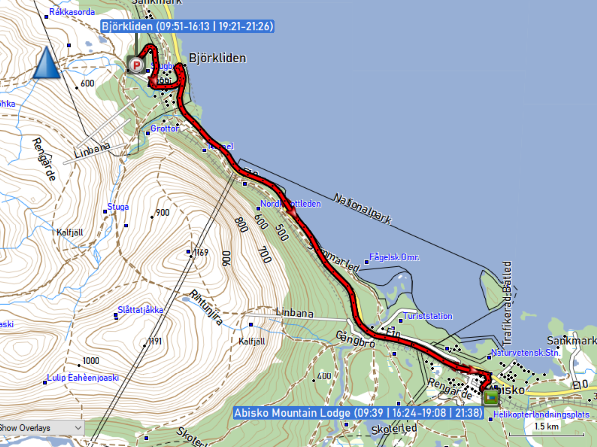 wegstrecke der beiden fahrten von der abisko mountain lodge nach bjoerkliden und zurueck
