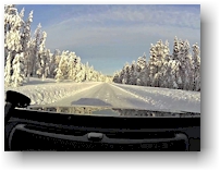 fahrt ueber die strasse 404 durch einen herrlichen winterwald