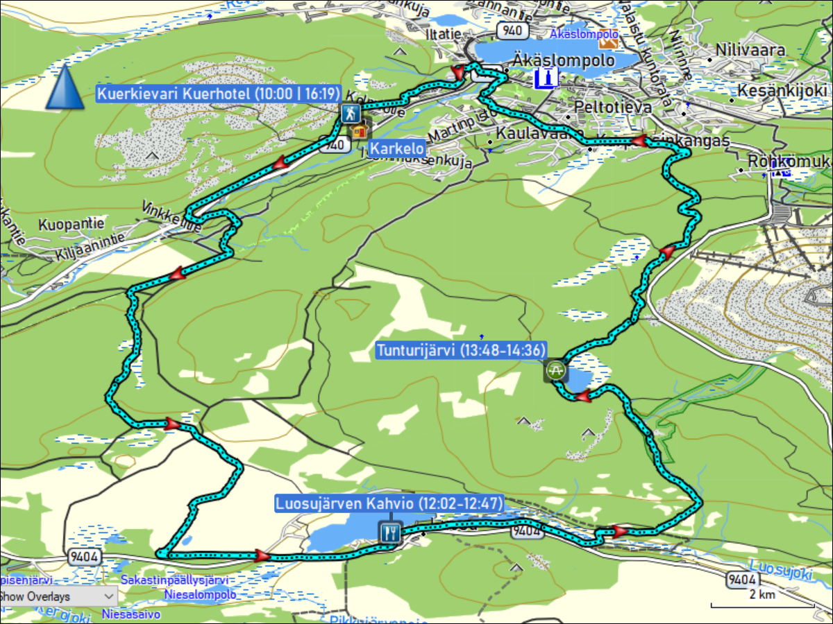 wegstrecke der langlauf-tour karkelo - aekaesjoki - luosujaerven kahvio - tunturijaervi - aekaeslompolo - karkelo