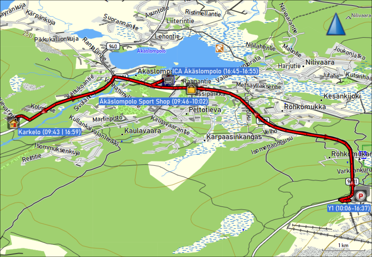 wegstrecke der fahrt vom haus karkelo zur talstation Y-1 und zurueck via ICA bei aekaeslompolo