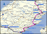 karte wegstrecke der fahrt mit dem nachtzug von kiruna nach sundsvall sowie mit dem regionalzug von sundsvall nach are