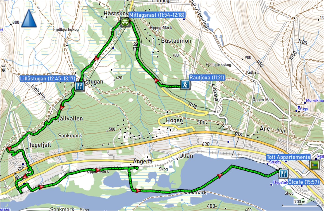 wegstrecke der wanderung vom restaurant rautjoxa bei roedkullen zum bahnhof von are