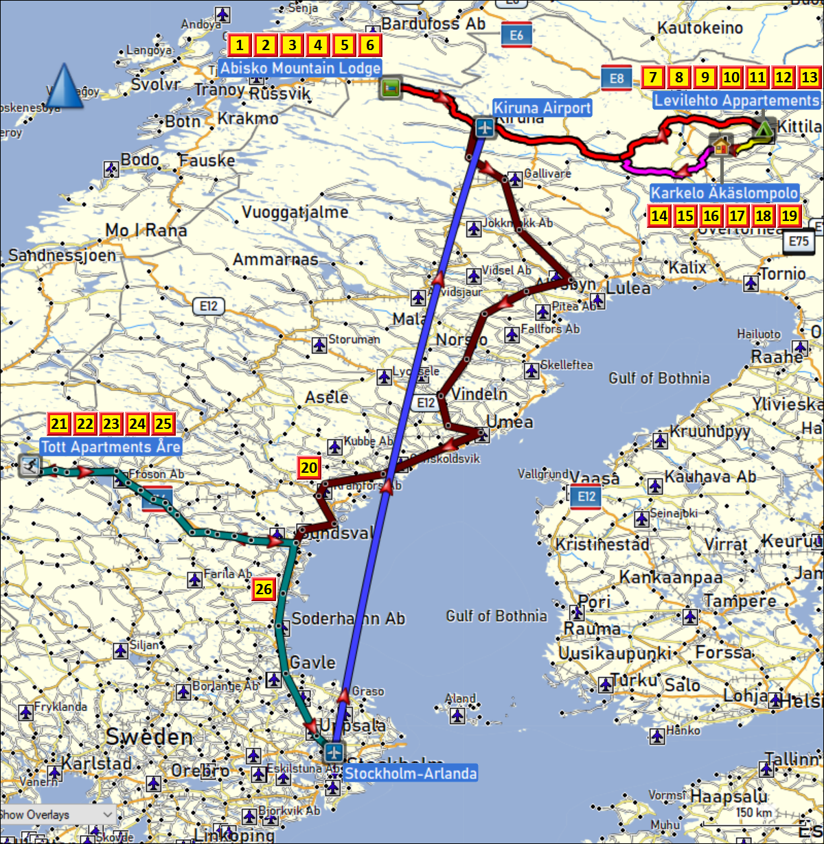 zurueckgelegte wegstrecken in schweden und finnland mit tageszielen