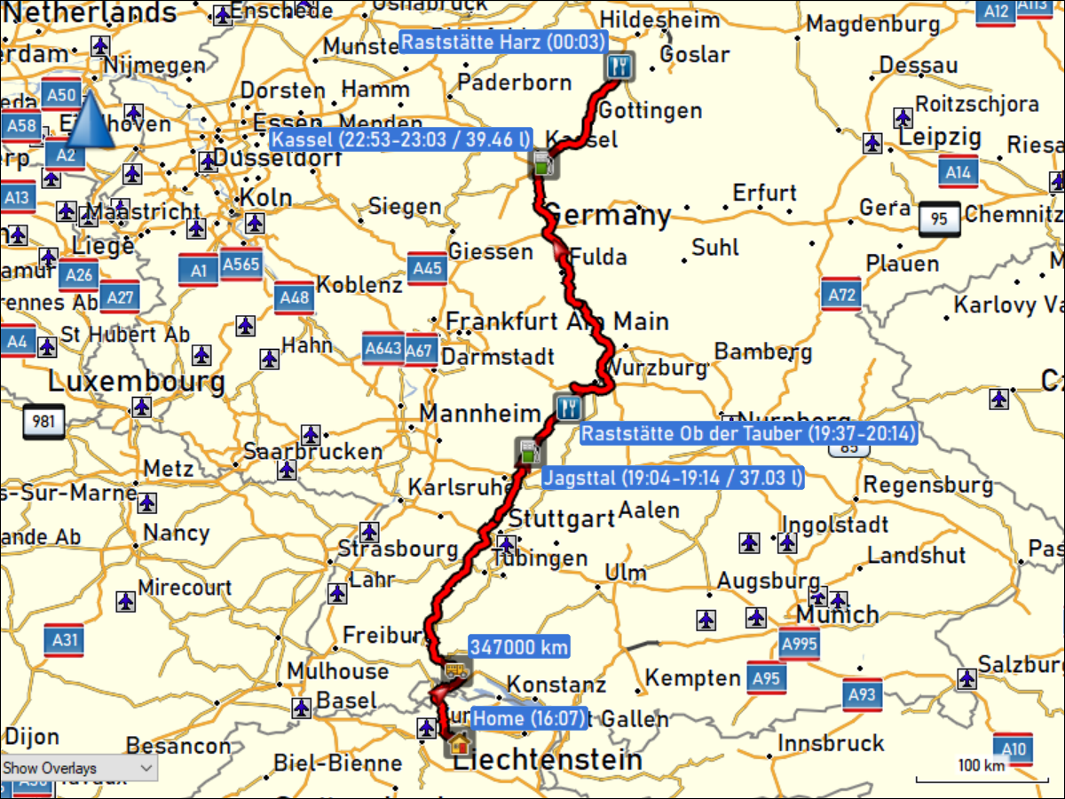 wegstrecke der fahrt von daheim zur raststaette harz