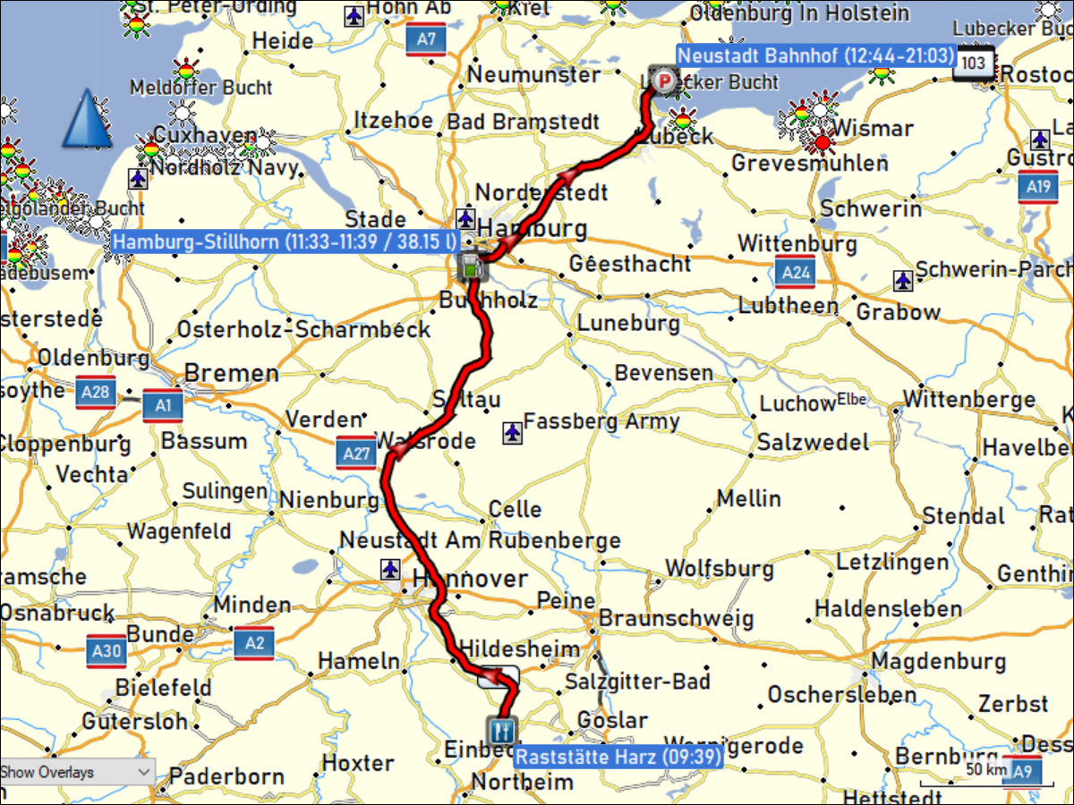 wegstrecke der fahrt von der raststaette harz ost nach neustadt in holstein