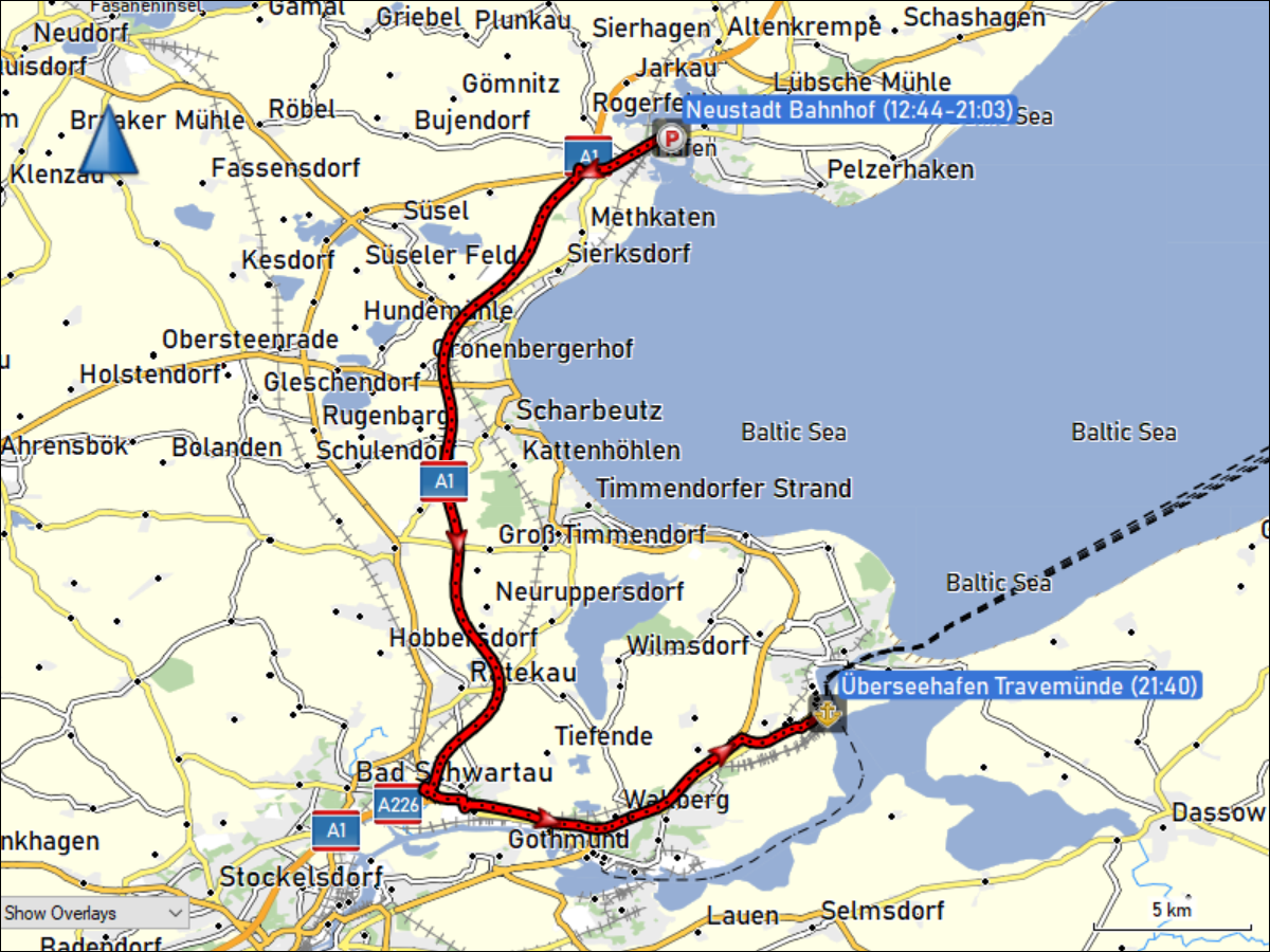wegstrecke der fahrt von neustadt in holstein zum ueberseehafen travemuende