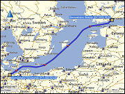 karte mit wegstrecke der ueberfahrt vom ueberseehafen travemuende zum ueberseehafen helsinki