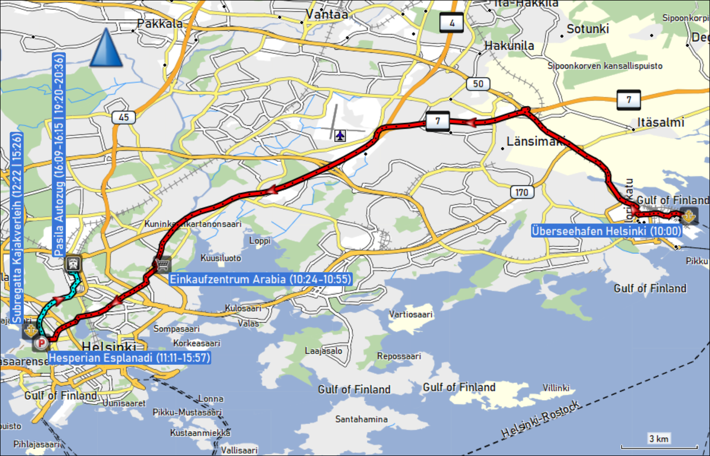 wegstrecke der fahrt vom ueberseehafen helsinki via parkplatz hesperian esplanadi zur autoverladestation pasila