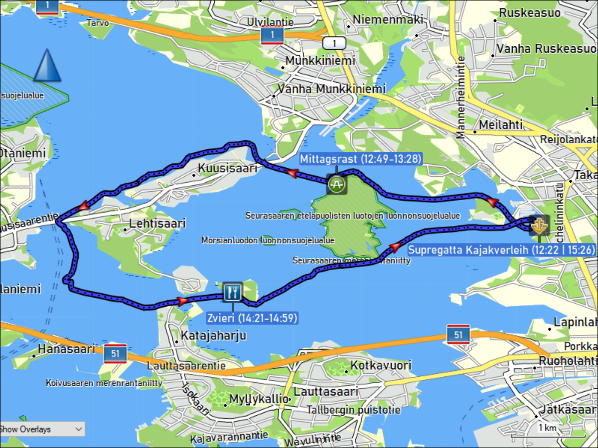 wegstrecke der kajaktour bei helsinki