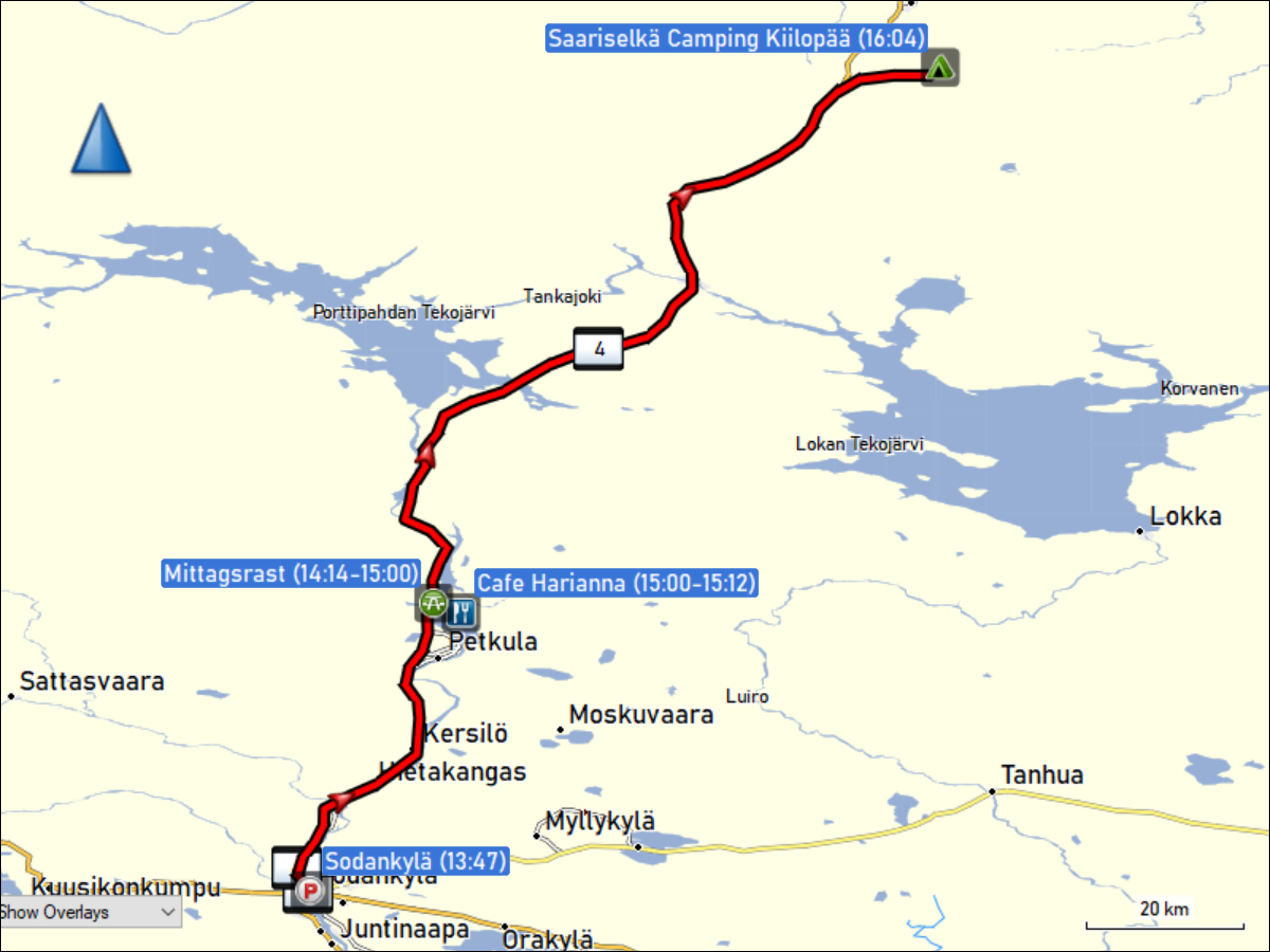 wegstrecke der fahrt von sodankylae zum saariselkae camping kiilopaeae