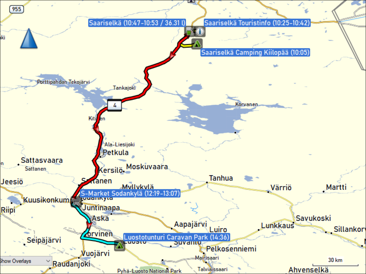 wegstrecke der fahrt vom saariselkae camping kiilopaeae via saariselkae und sodankylae zum luostotunturi caravan park