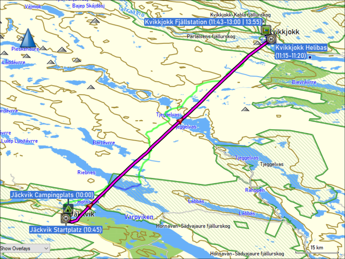 wegstrecke des flugs mit dem helikopter von jaeckvik nach kvikkjokk