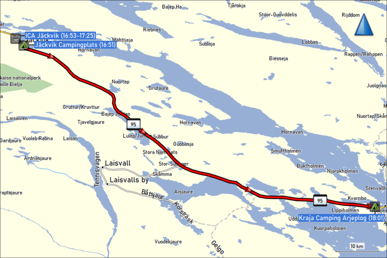wegstrecke der fahrt von jaeckvik zum kraja camping arjeplog