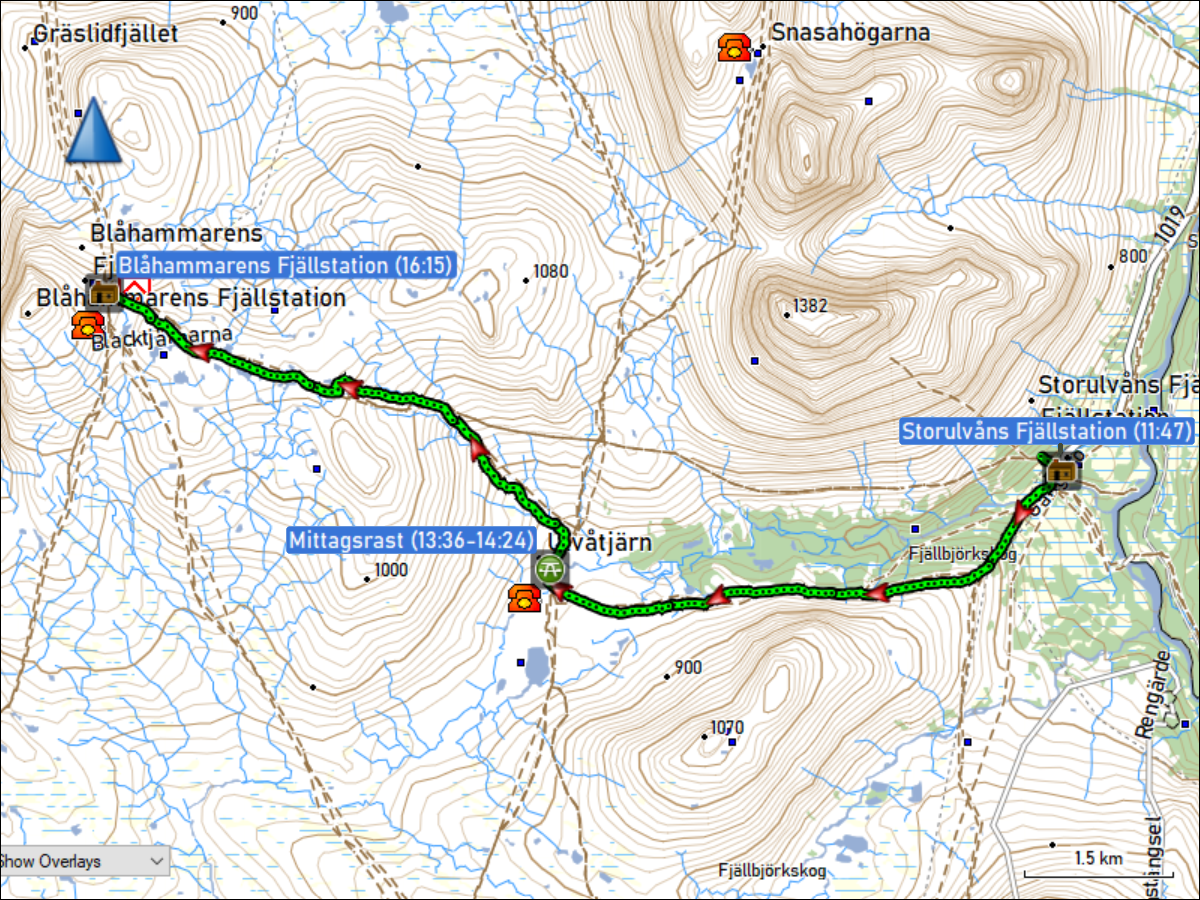wegstrecke der wanderung von der storulvans fjaellstation zur blahammarens fjaellstation