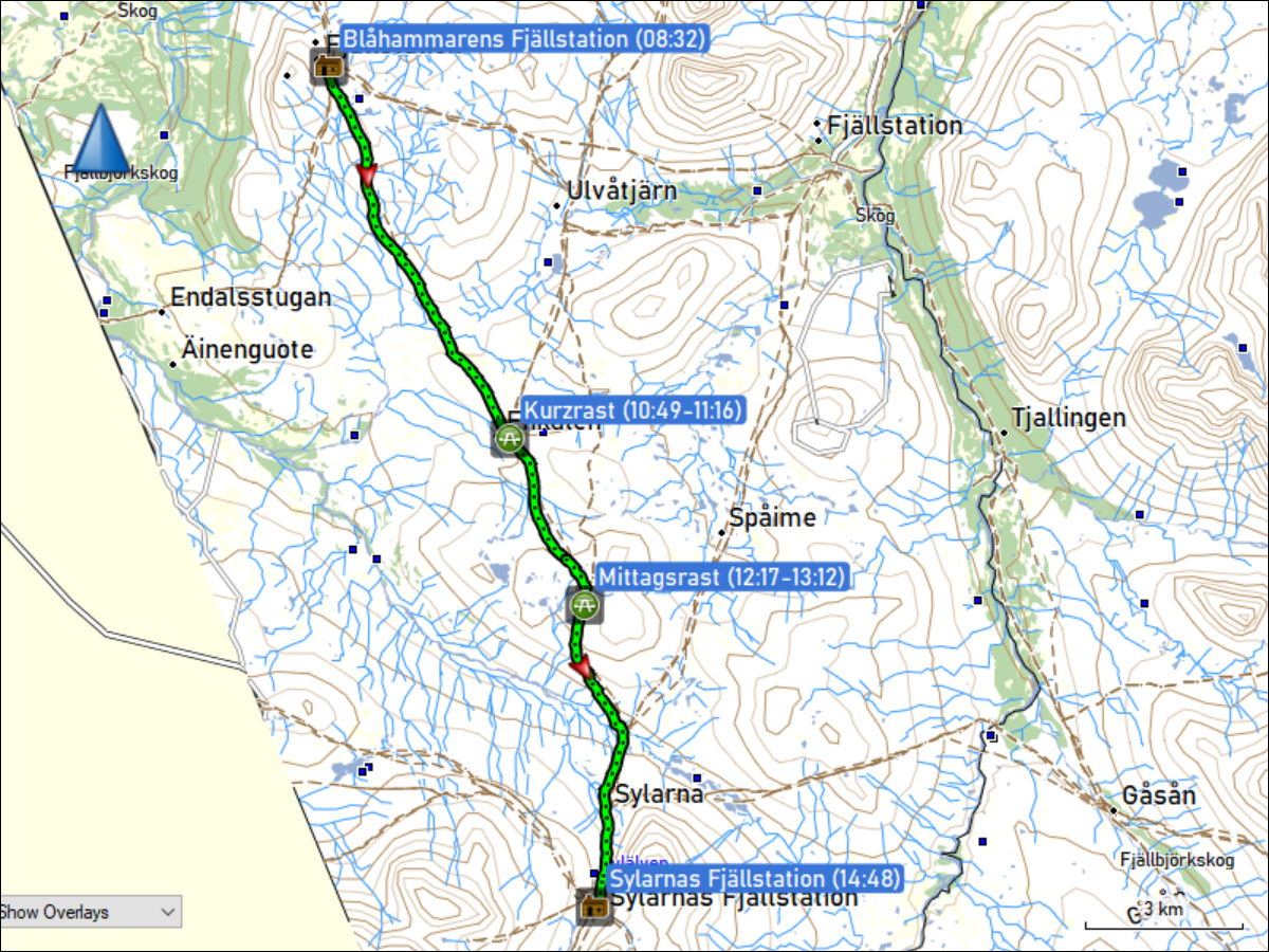 wegstrecke der wanderung von der blahammarens fjaellstation zur sylarnas fjaellstation