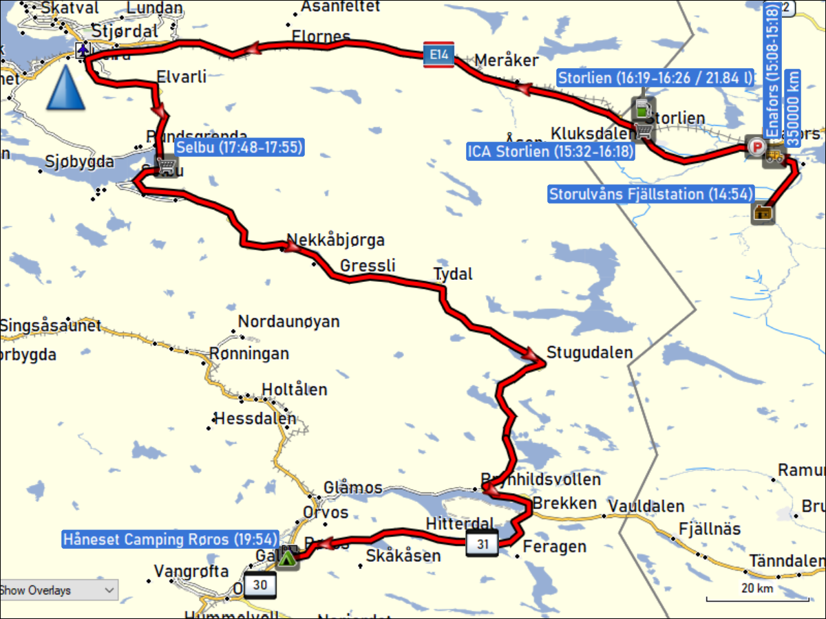 wegstrecke der fahrt von der storulvans fjaellstation zum haneset camping bei roros